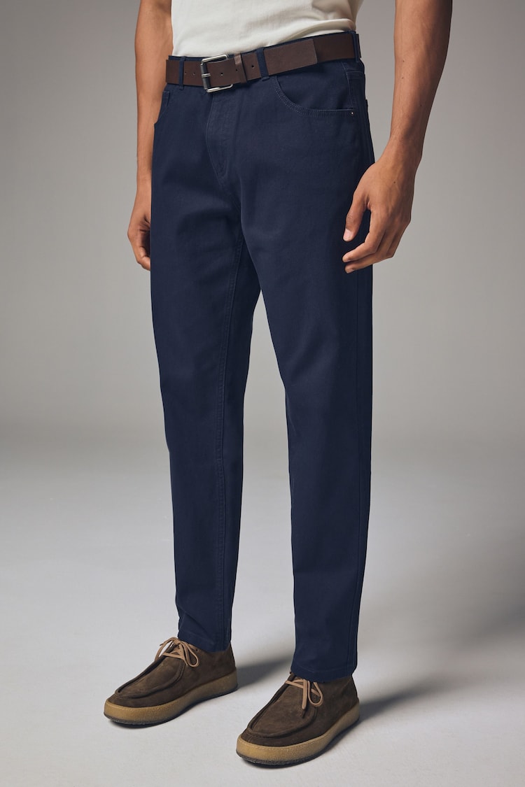 Navy Straight Fit Belted Textured 5 Pocket Trousers - Image 1 of 7