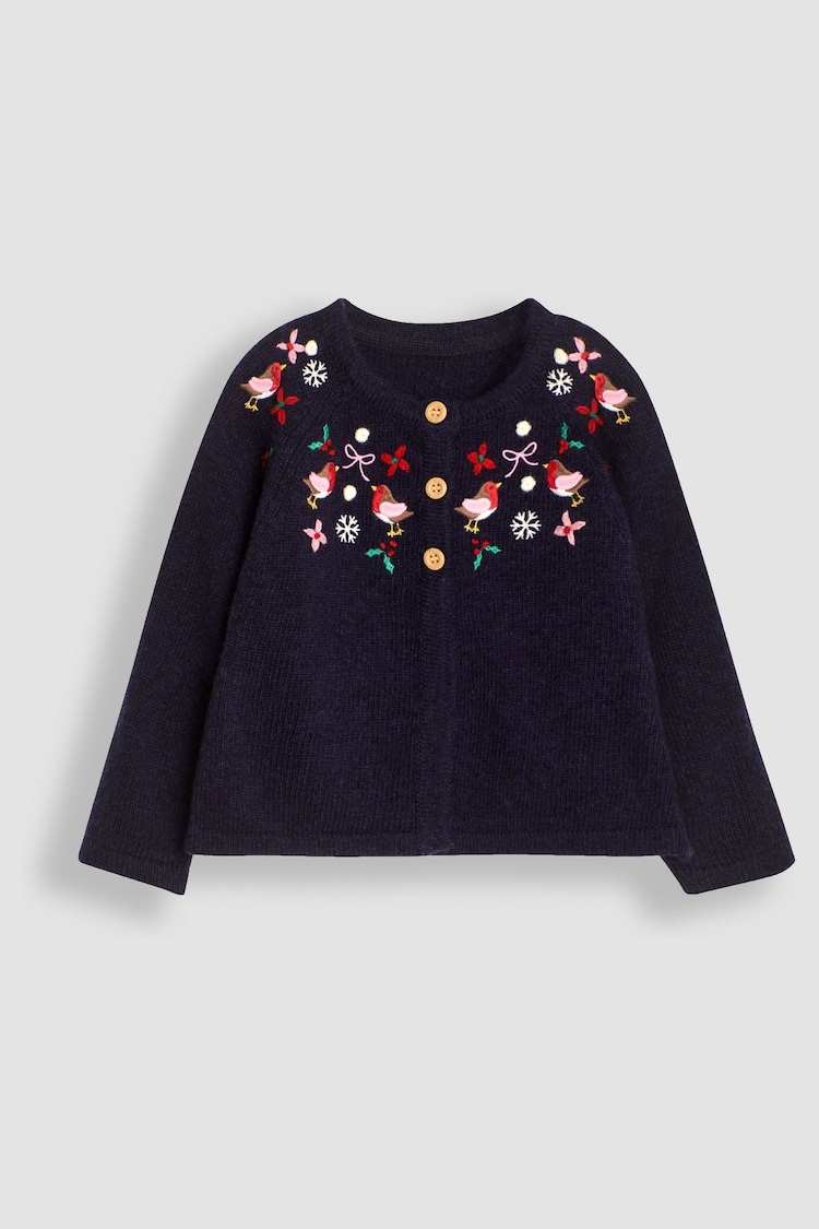 JoJo Maman Bébé Navy Robin Embroidered Cardigan - Image 1 of 3