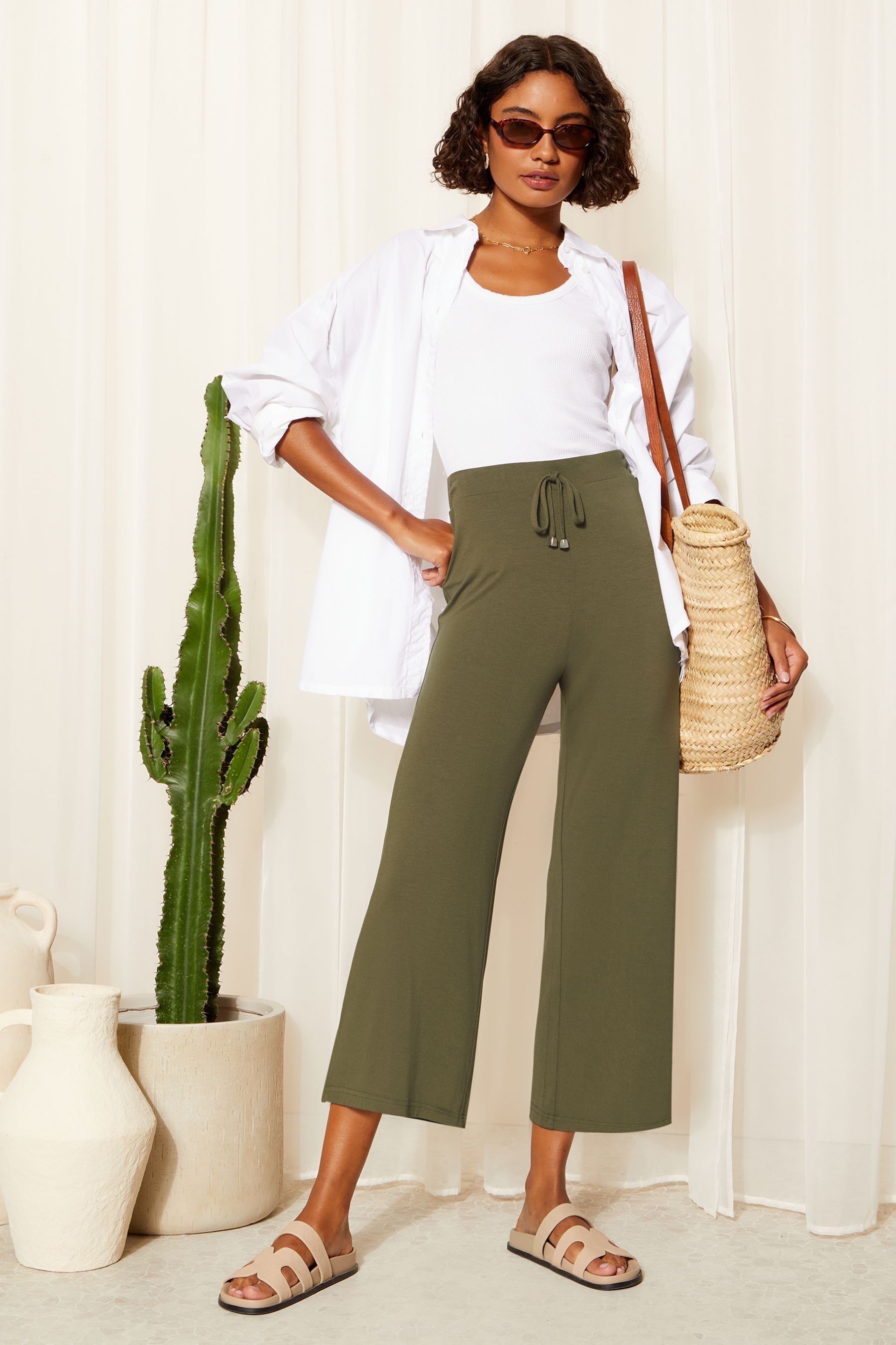 Khaki culotte trousers cheap