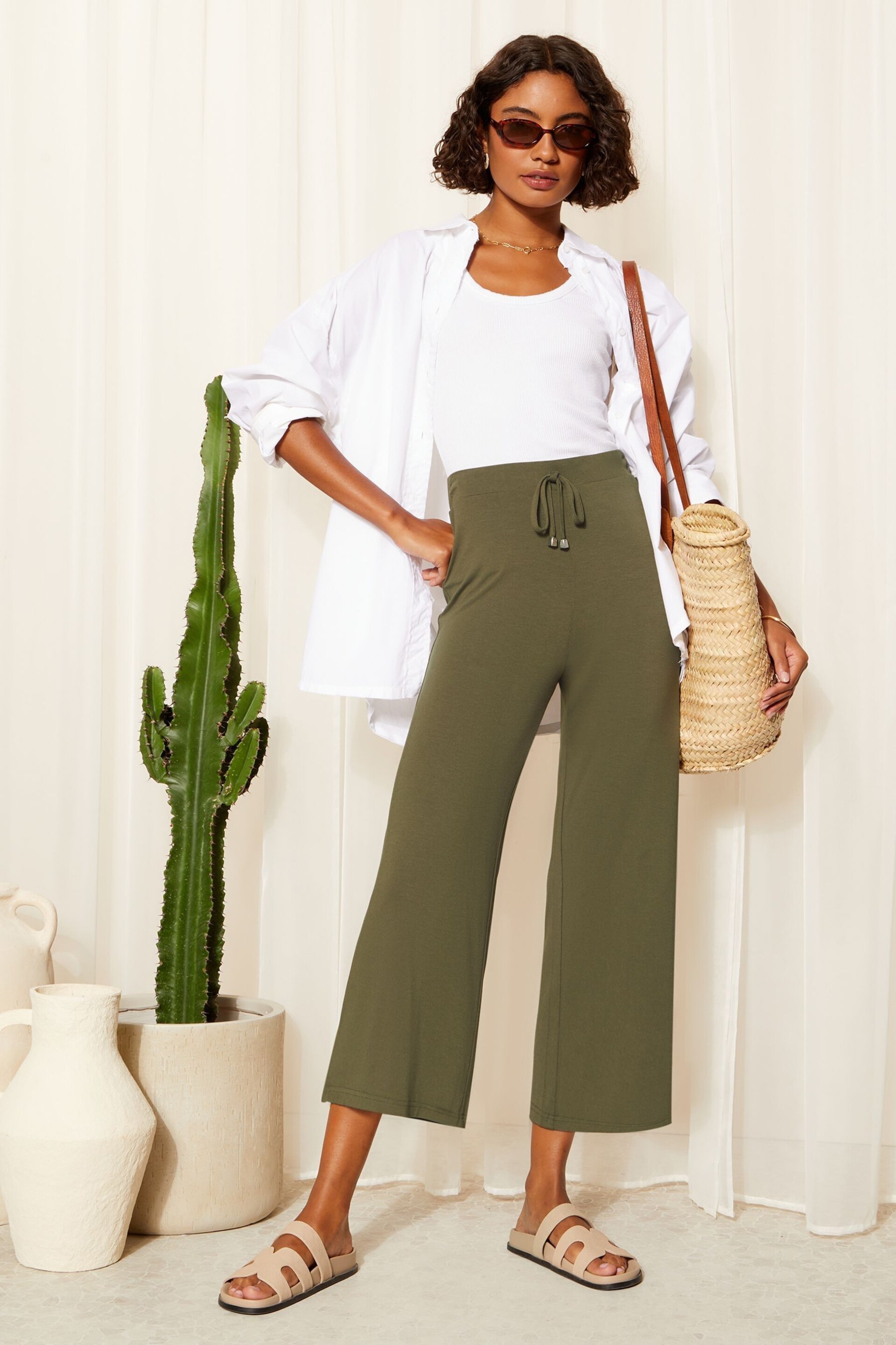 Friends Like These Khaki Belted Jersey Wide Leg Culotte Trousers - Image 2 of 4