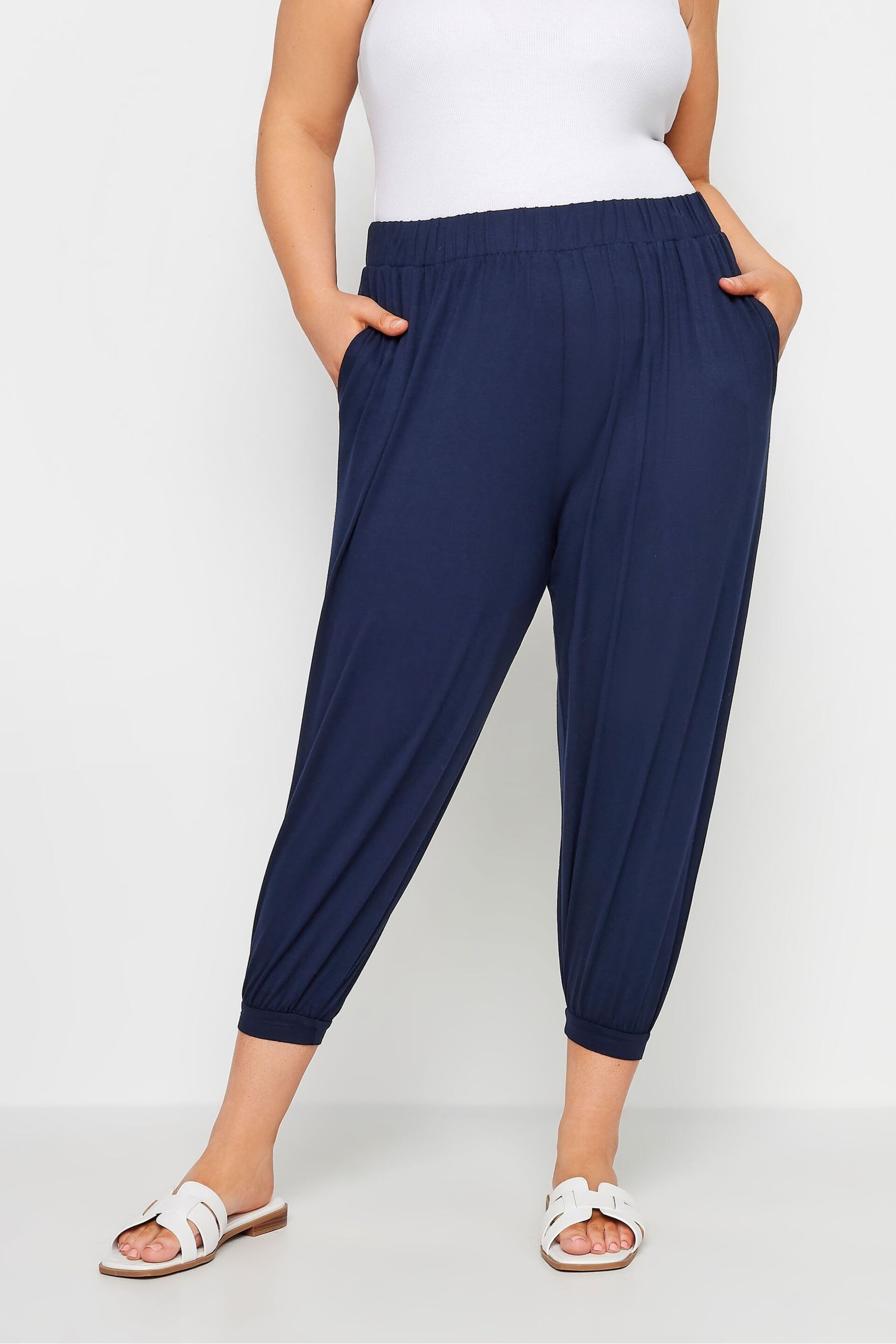 Yours Curve Blue Cropped Harem Trousers - Image 1 of 5