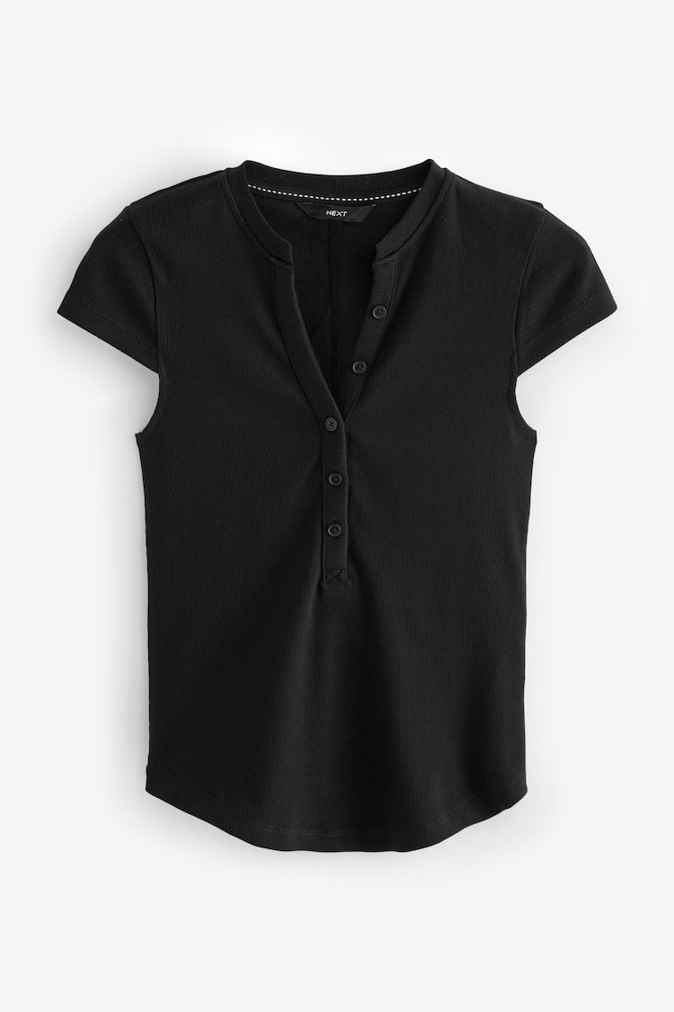 Black Short Sleeve Ribbed Henley T-Shirt - Image 1 of 2