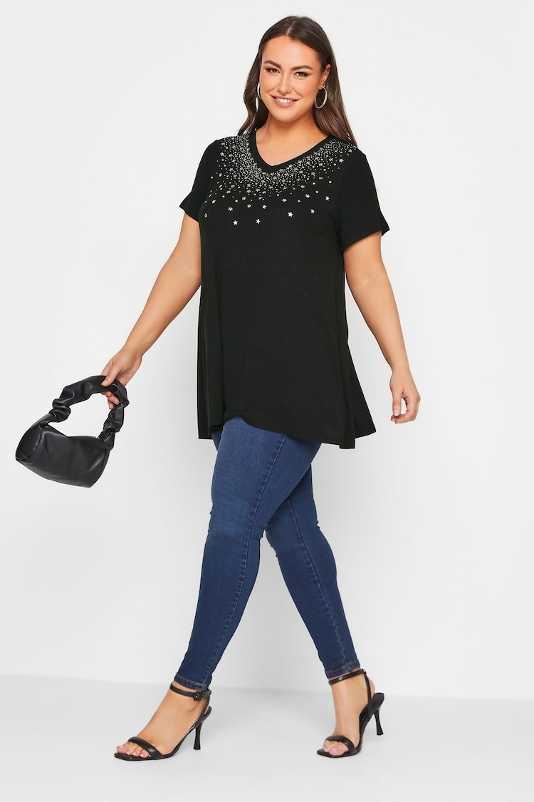 Yours Curve Black Embellished V-Neck T-Shirt - Image 4 of 4