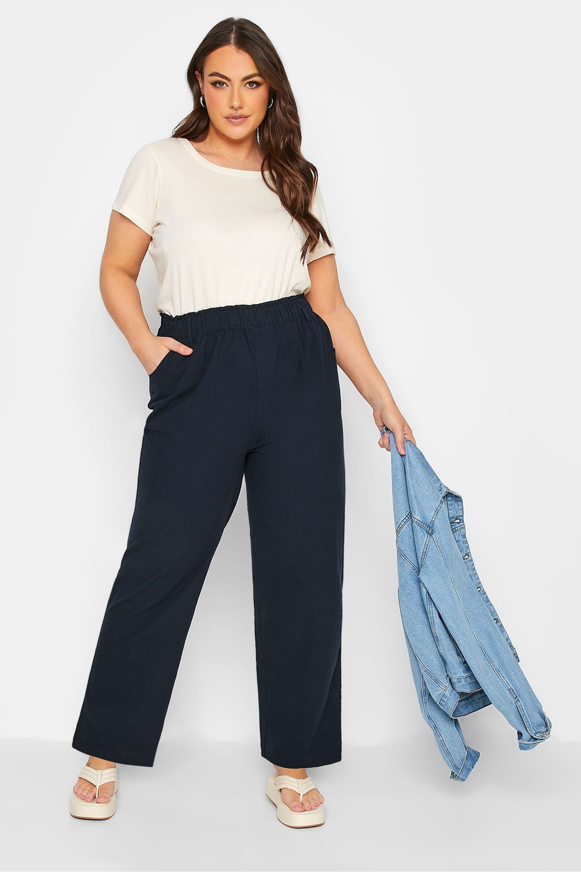 Yours Curve Blue Cool Cotton Wide Leg Trousers - Image 3 of 5