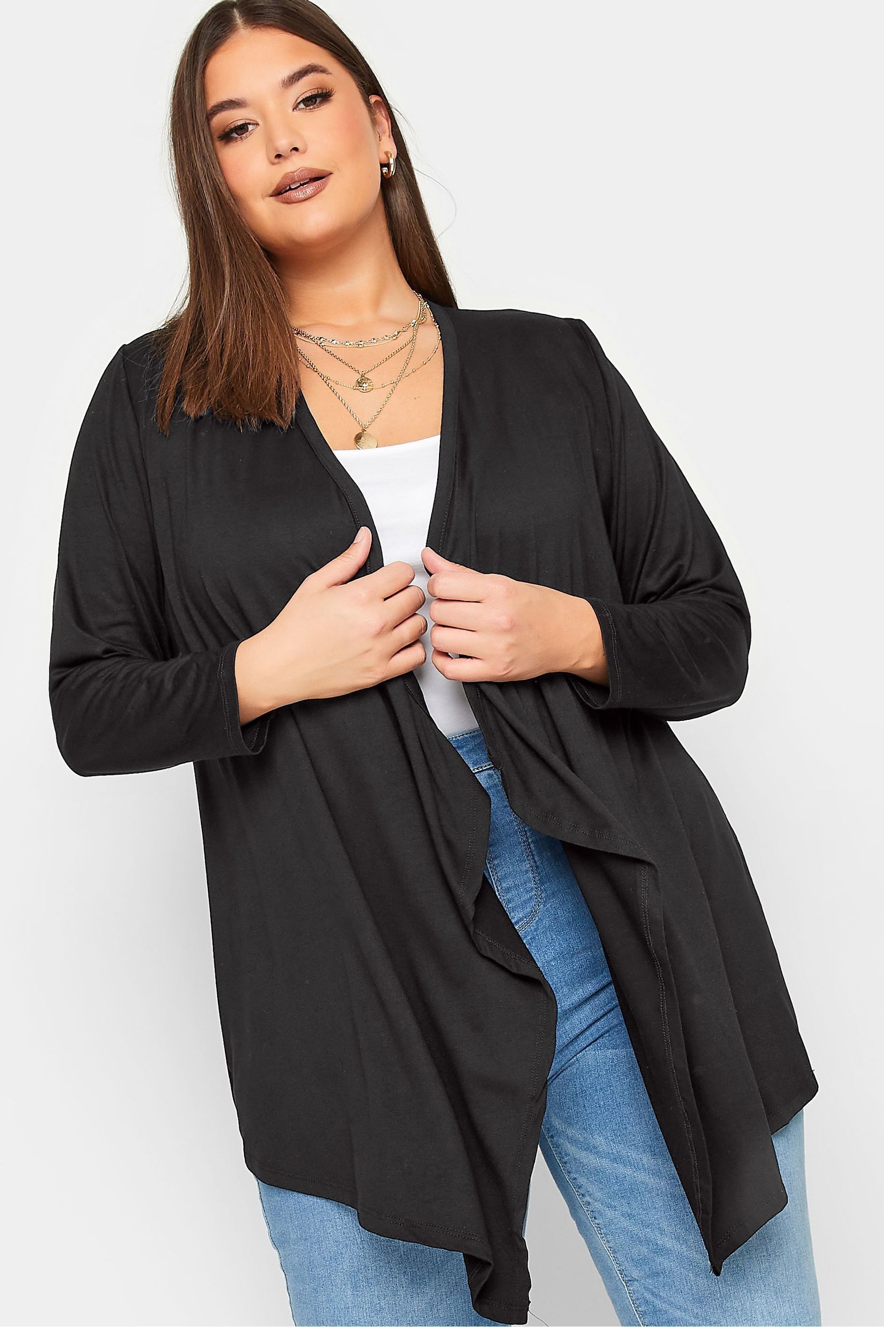 Plus size black waterfall cardigan deals