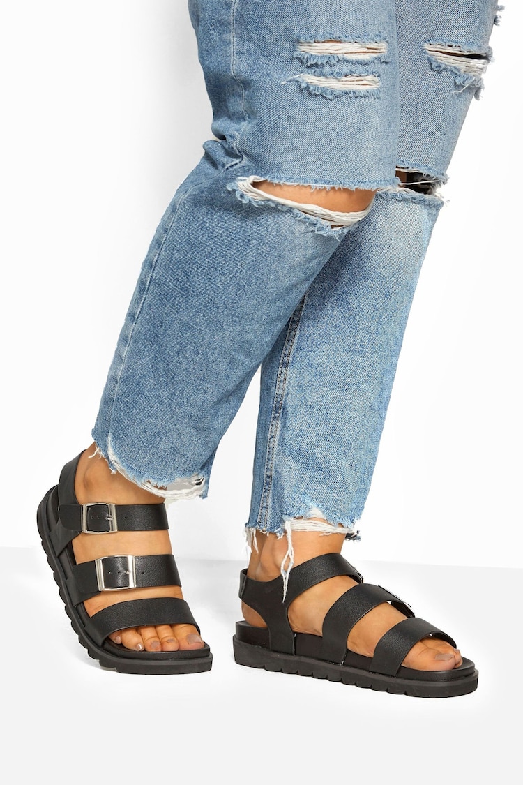 Yours Curve Black Wide Fit Lala Buckle Footbed Sandals - Image 1 of 5