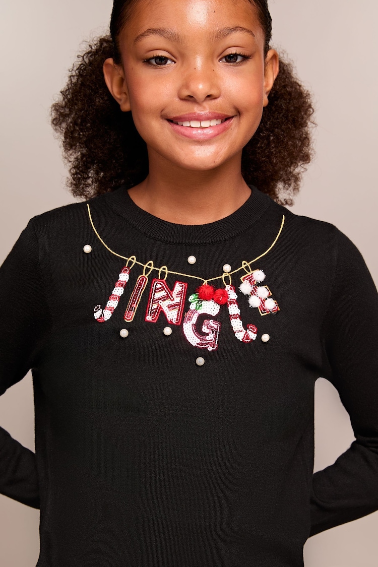 Lipsy Black Knitted Christmas Jumper (5-16yrs) - Image 1 of 4