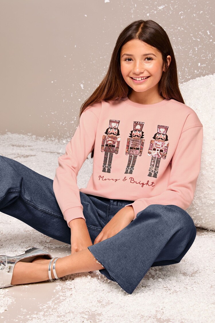 Lipsy Pink Sequin Christmas Sweatshirt (5-16yrs) - Image 1 of 4