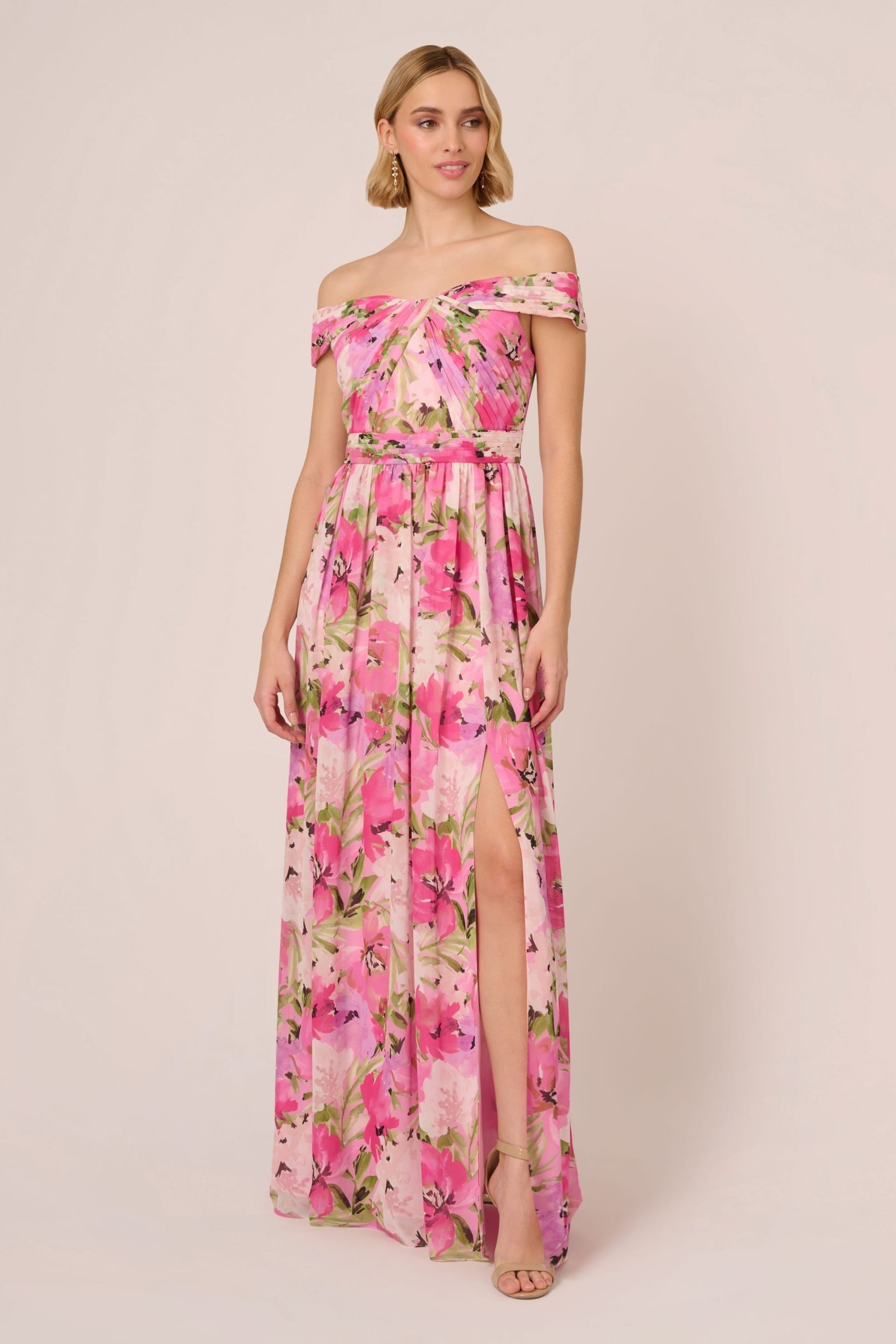 Adrianna Papell Pink Printed Off-Sholder Dress - Image 1 of 7