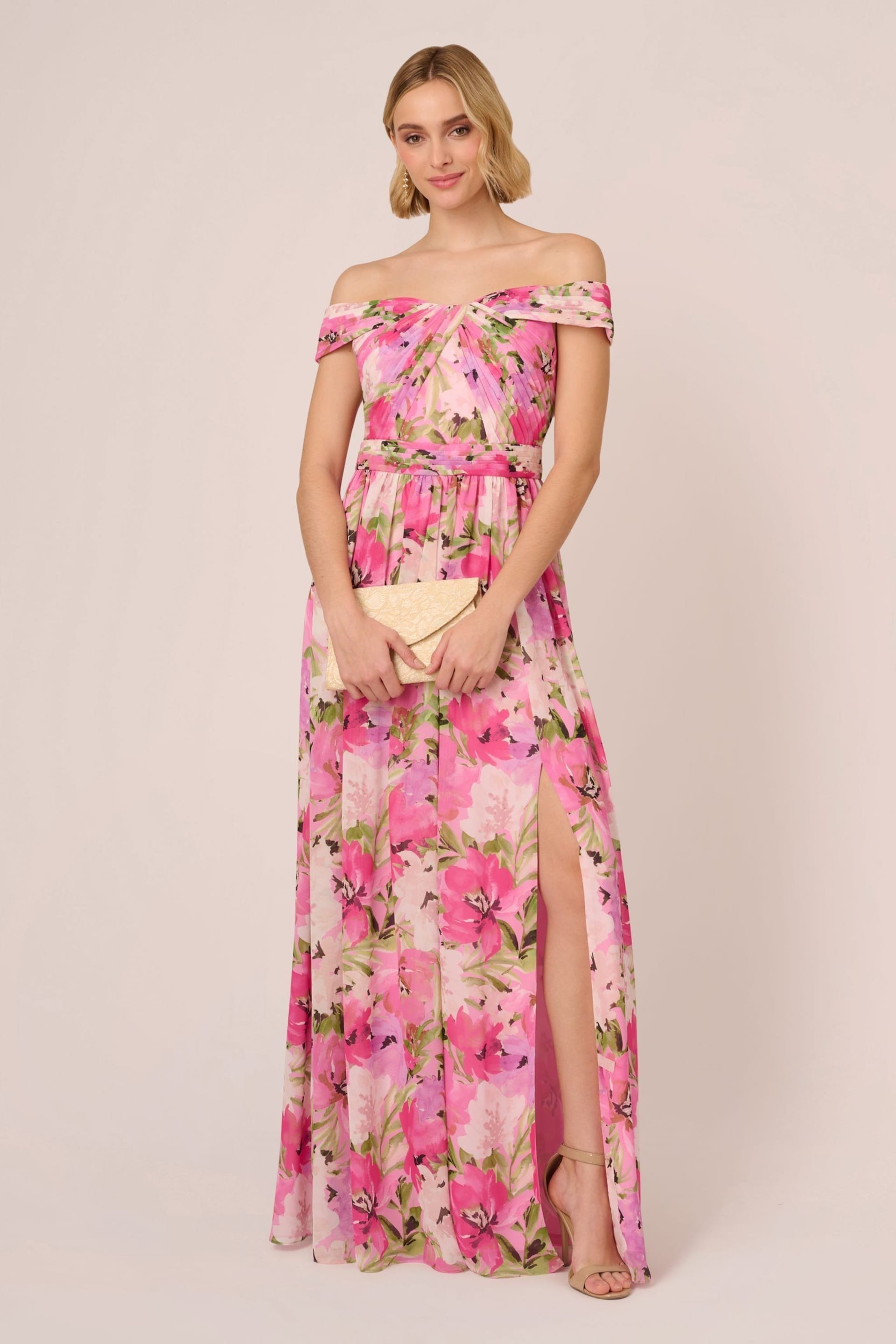 Adrianna Papell Pink Printed Off-Sholder Dress - Image 3 of 7
