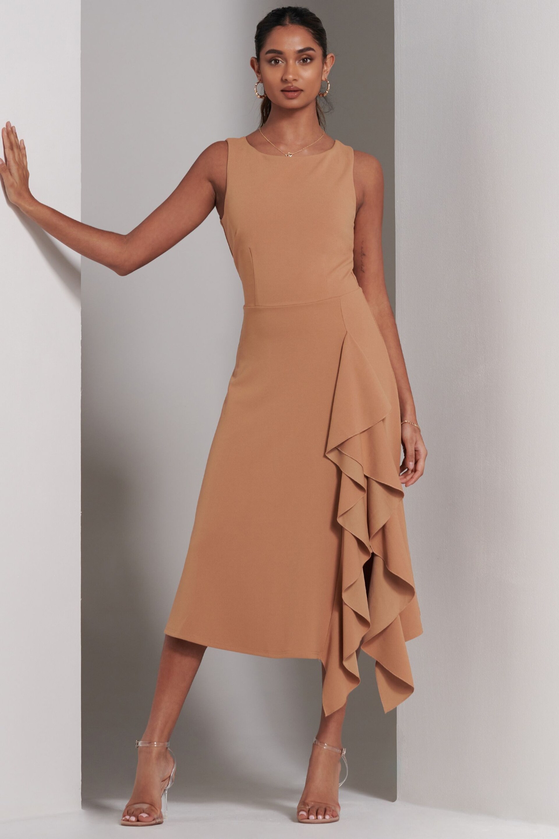 Jolie Moi Brown Haylen Frill Detail Midi Dress - Image 4 of 6