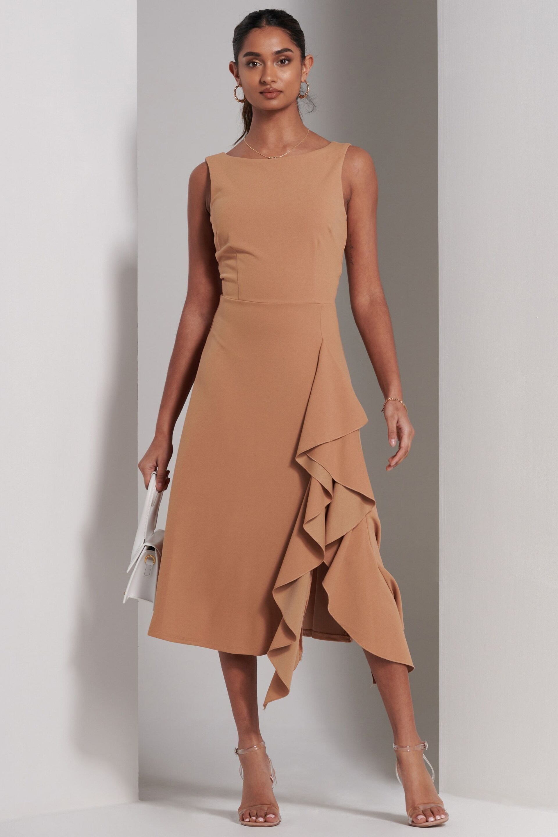 Jolie Moi Brown Haylen Frill Detail Midi Dress - Image 5 of 6