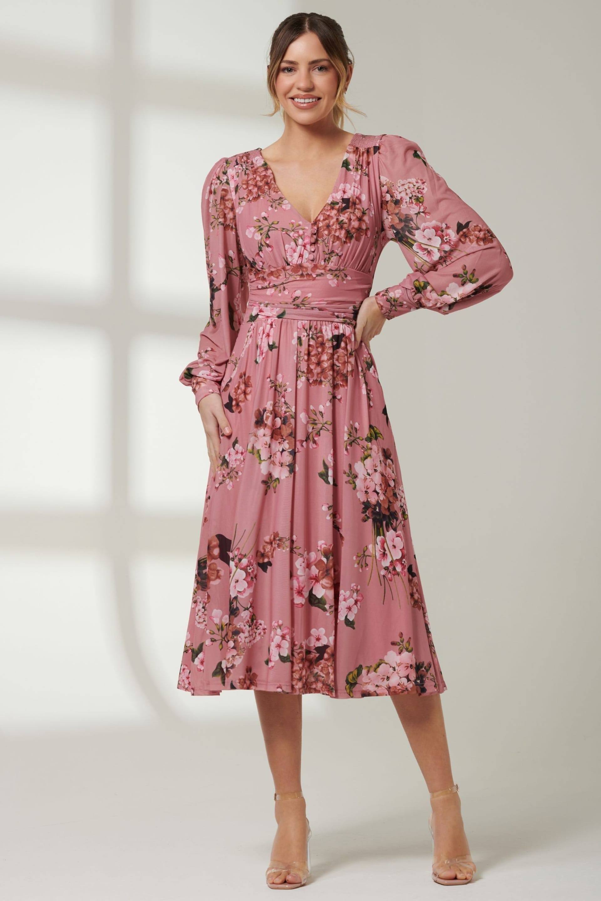 Jolie Moi Pink Long Sleeve Mesh Midi Dress - Image 1 of 6