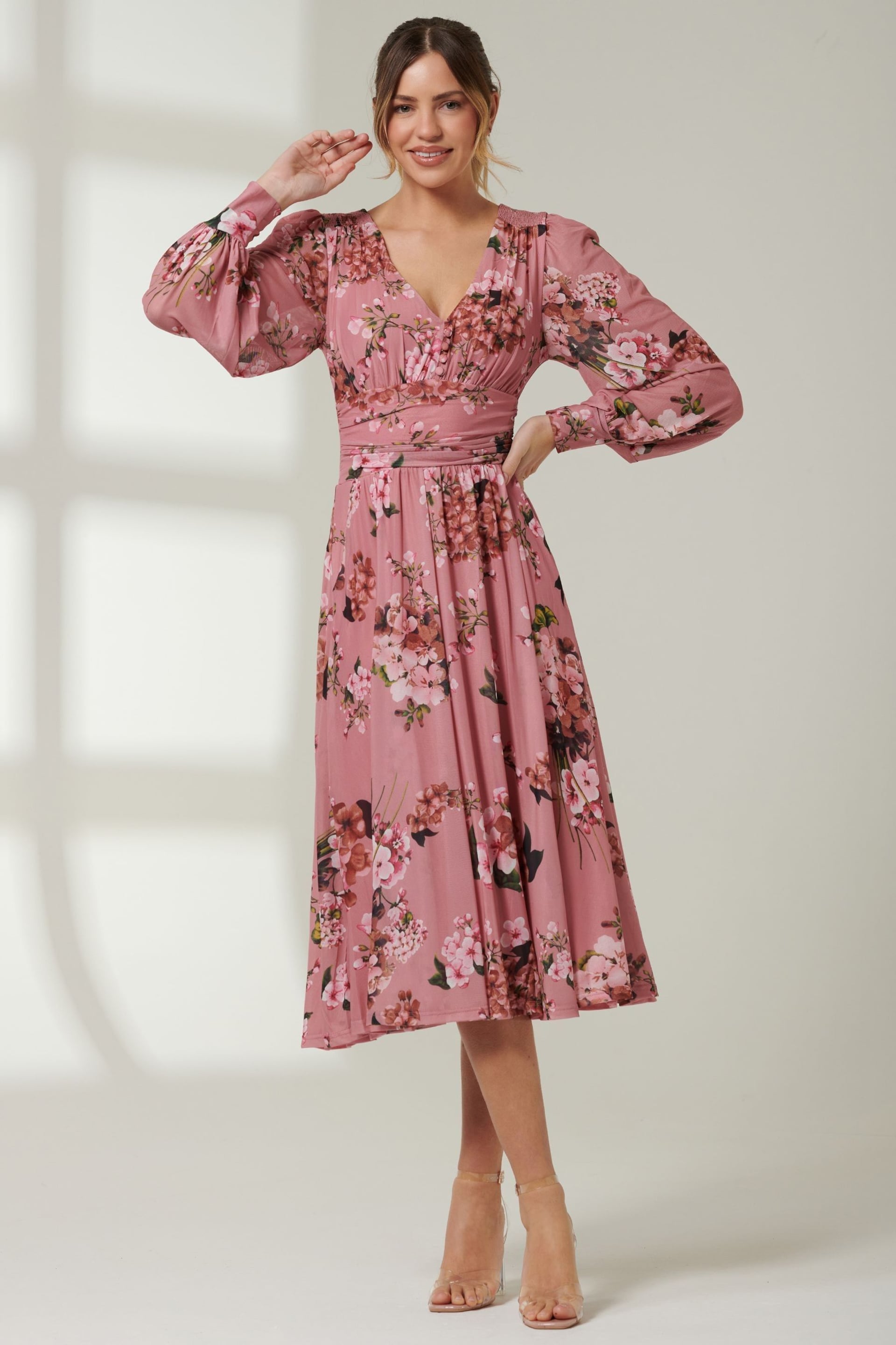 Jolie Moi Pink Long Sleeve Mesh Midi Dress - Image 4 of 6