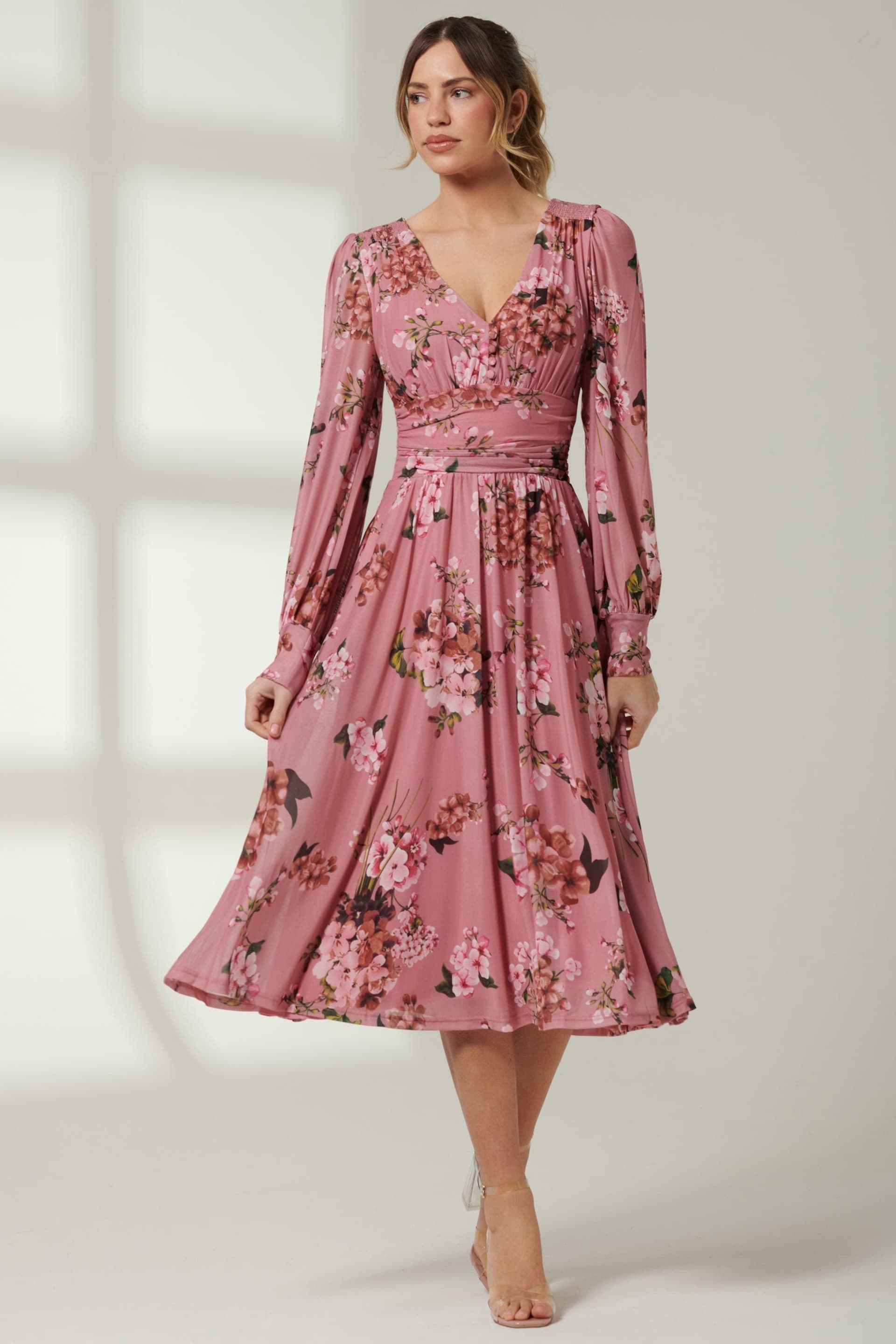 Jolie Moi Pink Long Sleeve Mesh Midi Dress - Image 6 of 6