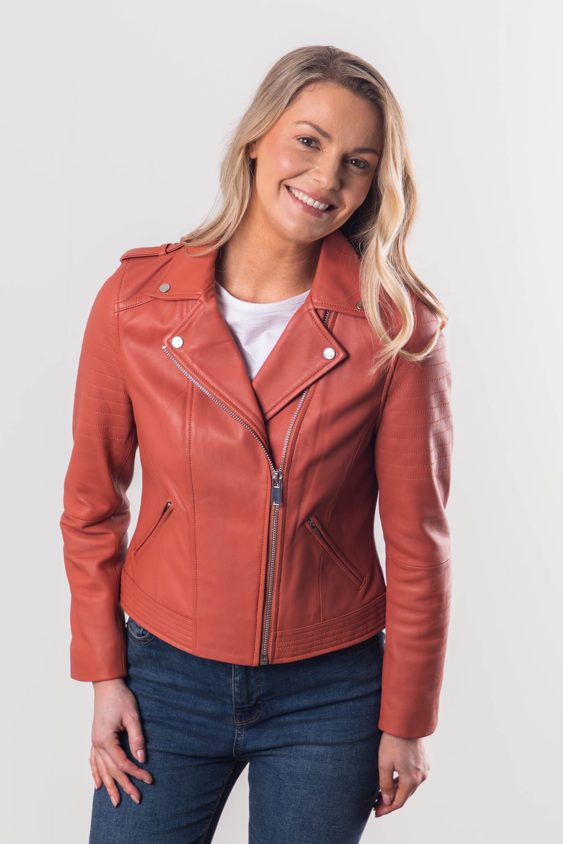 Orange moto jacket store