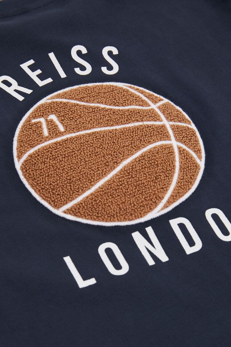 Reiss Washed Navy Kirby Senior Oversized Cotton Basketball Motif T-Shirt - Image 4 of 4