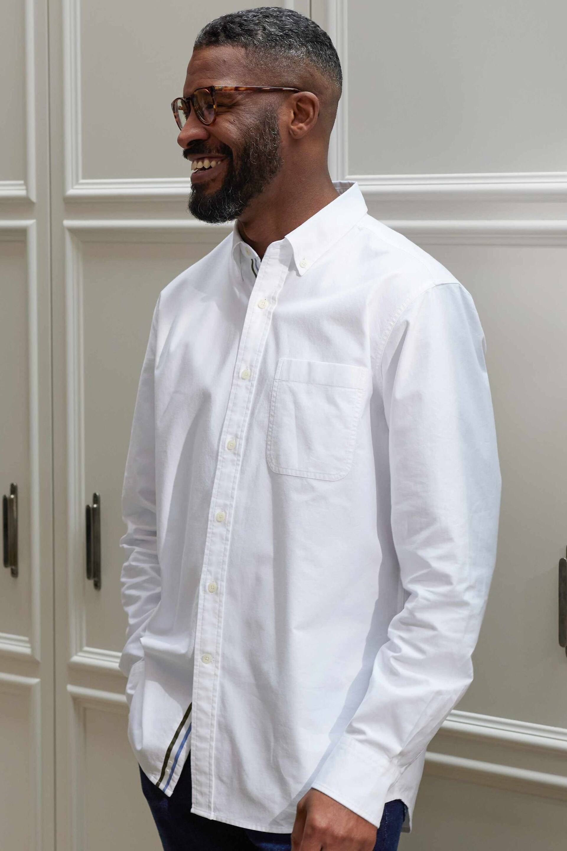 The Savile Row Company Stripe Placket Button Down Oxford White Shirt - Image 2 of 5