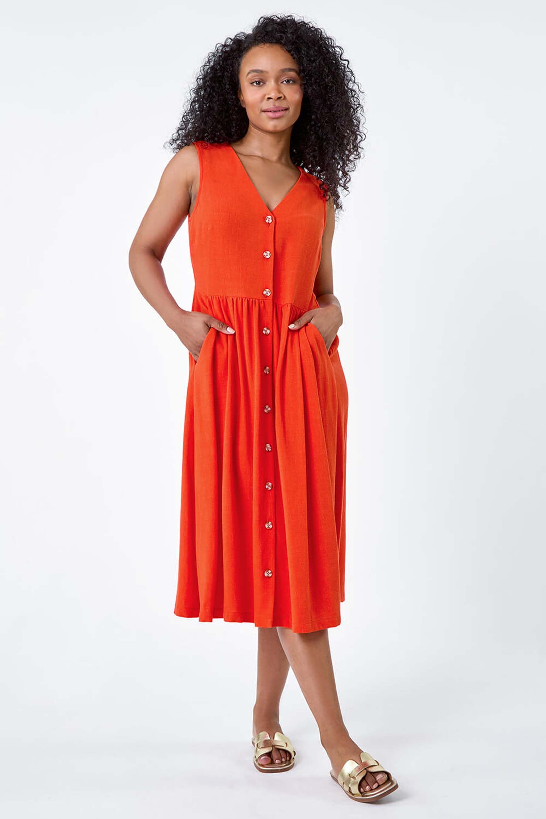 Buy Roman Orange Linen Blend Pocket Button Midi Dress from the Next UK online shop