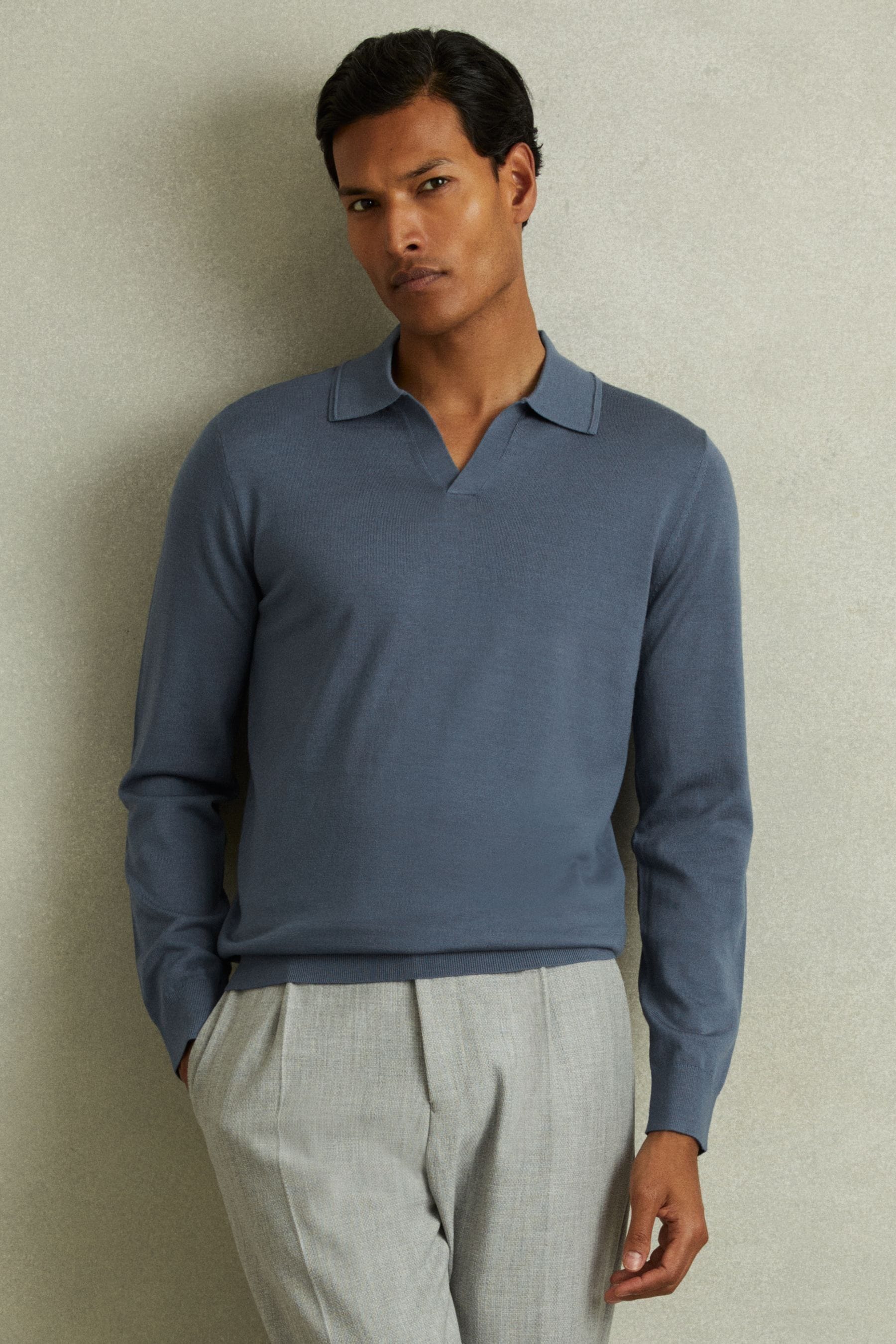 Buy Reiss Airforce Blue Milburn Merino Wool Open Collar Polo Shirt from Next Luxembourg