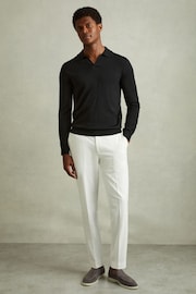 Reiss Black Milburn Merino Wool Open Collar Polo Shirt - Image 3 of 6