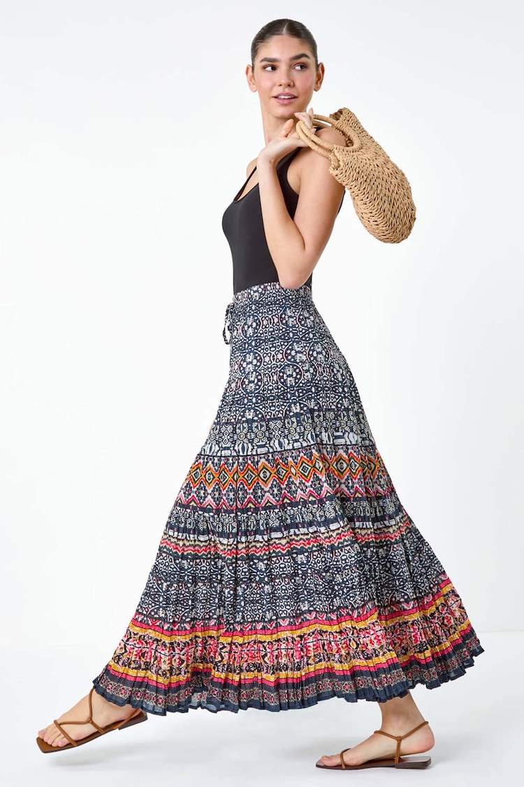 Roman Black Aztec Crinkle Cotton Tiered Maxi Skirt - Image 1 of 5