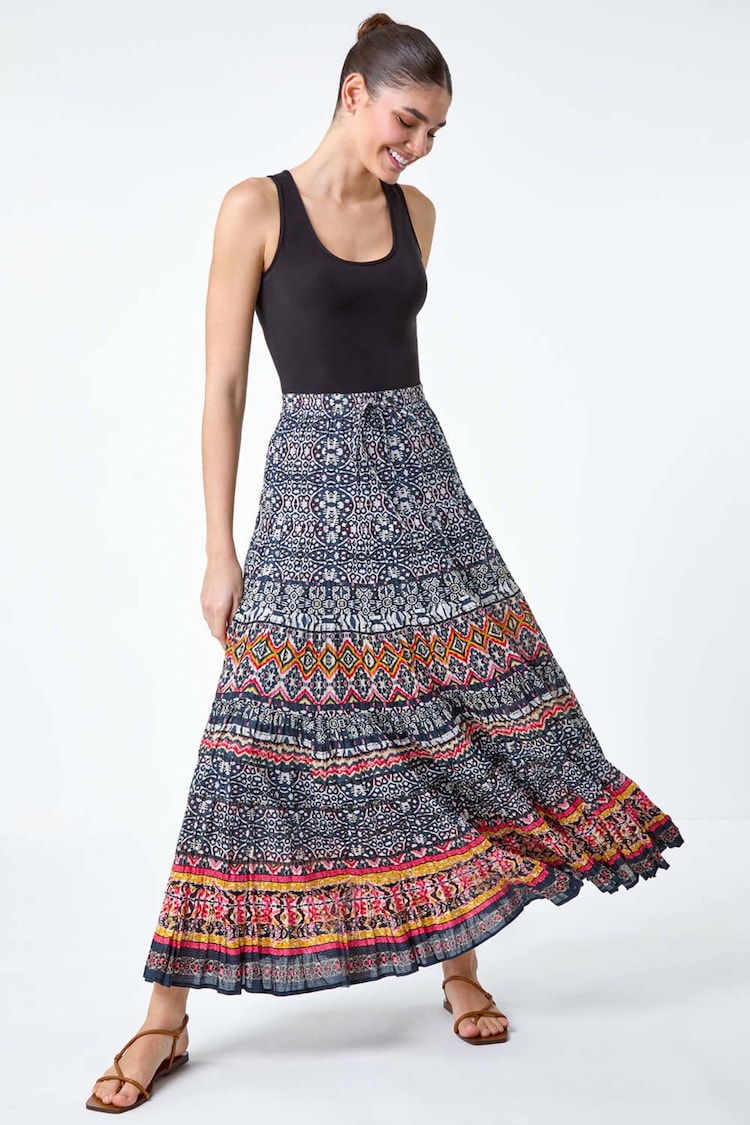 Roman Black Aztec Crinkle Cotton Tiered Maxi Skirt - Image 2 of 5