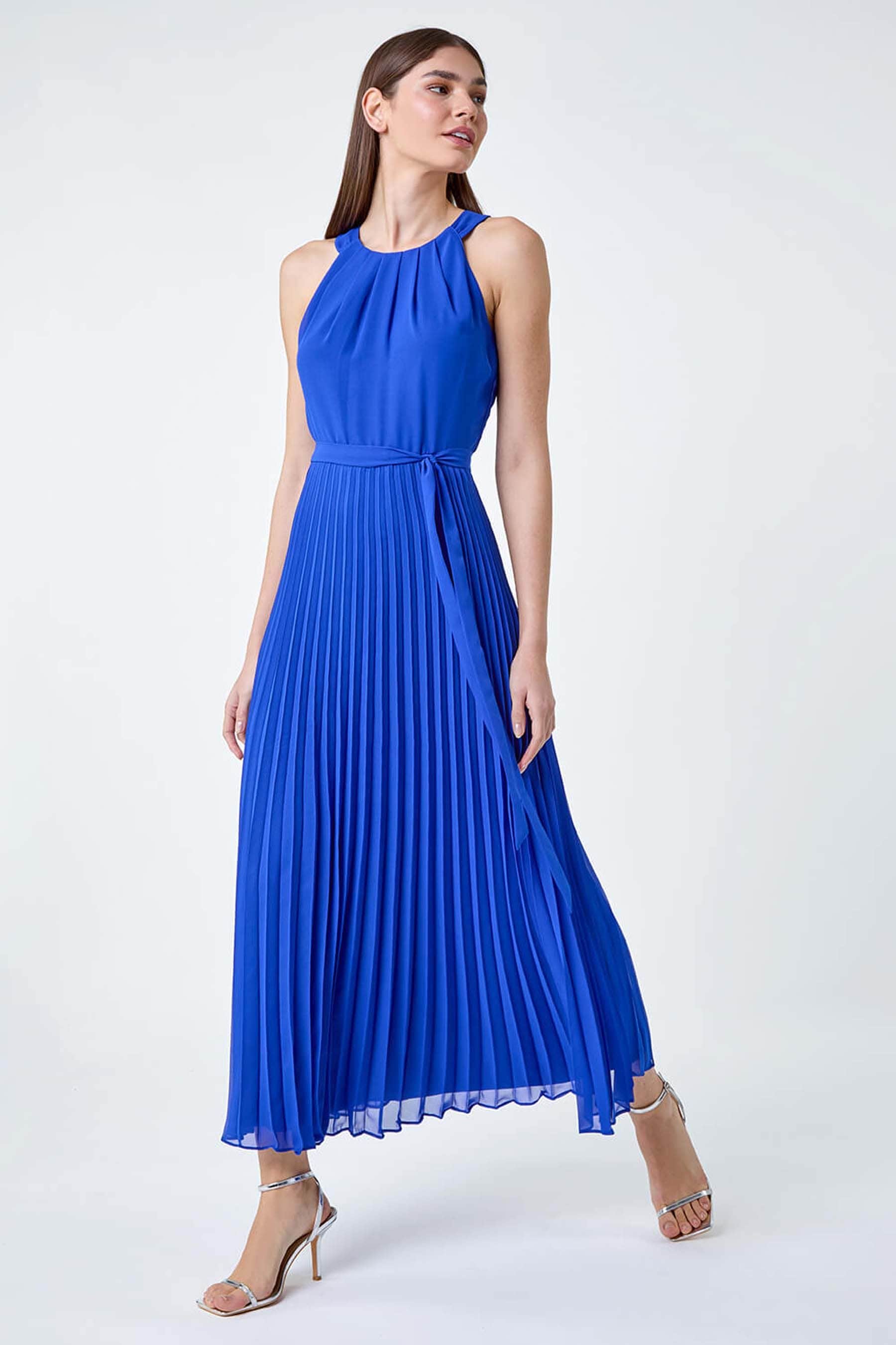 Pleated halter maxi dress deals