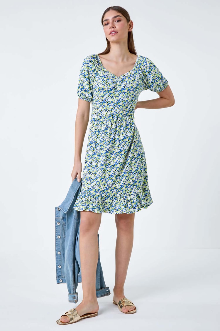 Roman Green Ditsy Floral Ruched Frill Stretch Dress - Image 2 of 5