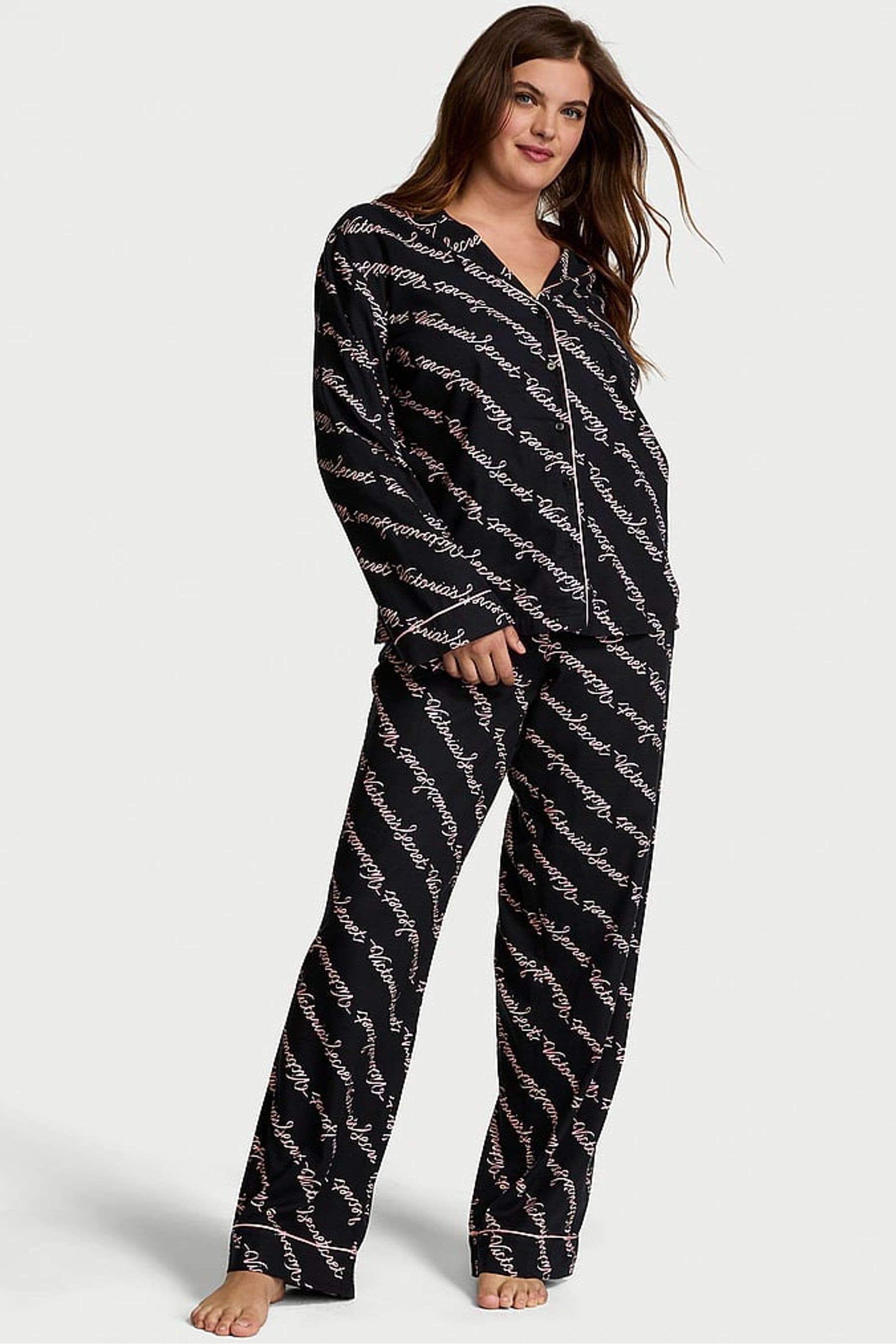 Buy Victoria s Secret Black Ribbon Script Flannel Long Pyjama Set from the Next UK online shop