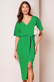 Lipsy Green V Neck Flutter Sleeve Belted Midi Dress - Image 3 of 4