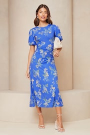 Lipsy Navy Blue Petite Puff Sleeve Ruched Midaxi Printed Dress - Image 1 of 4