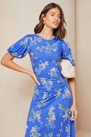 Lipsy Navy Blue Petite Puff Sleeve Ruched Midaxi Printed Dress - Image 3 of 4