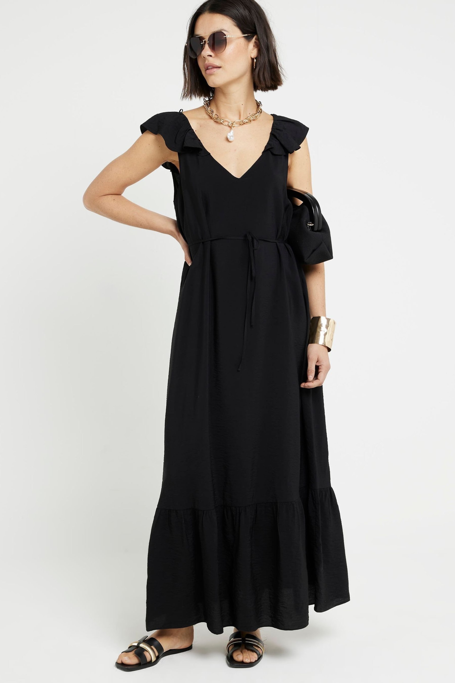 River Island Black Floral Frill Sleeve Maxi Dress - Image 1 of 3