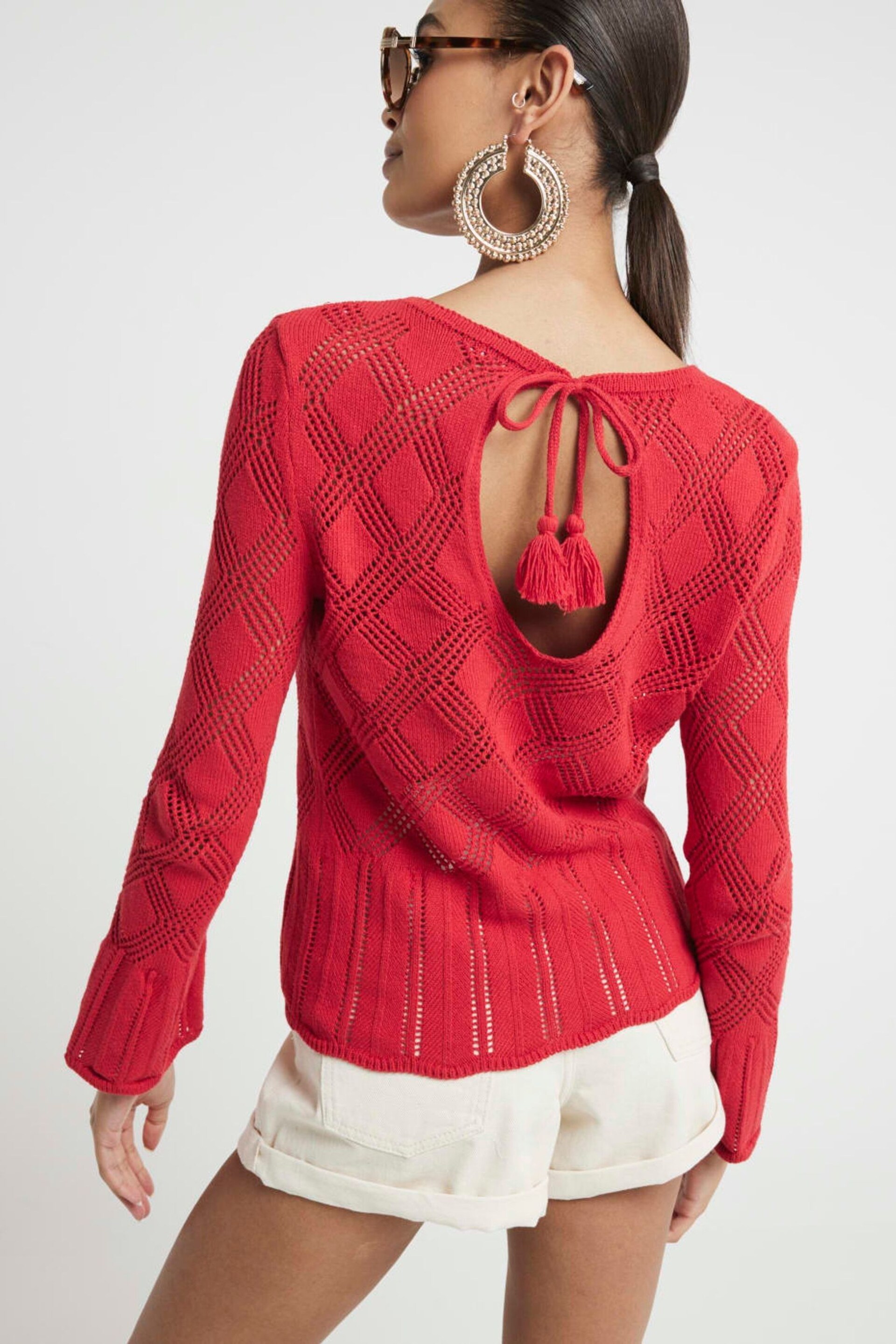 River Island Red Crochet Tie Back Top - Image 2 of 6