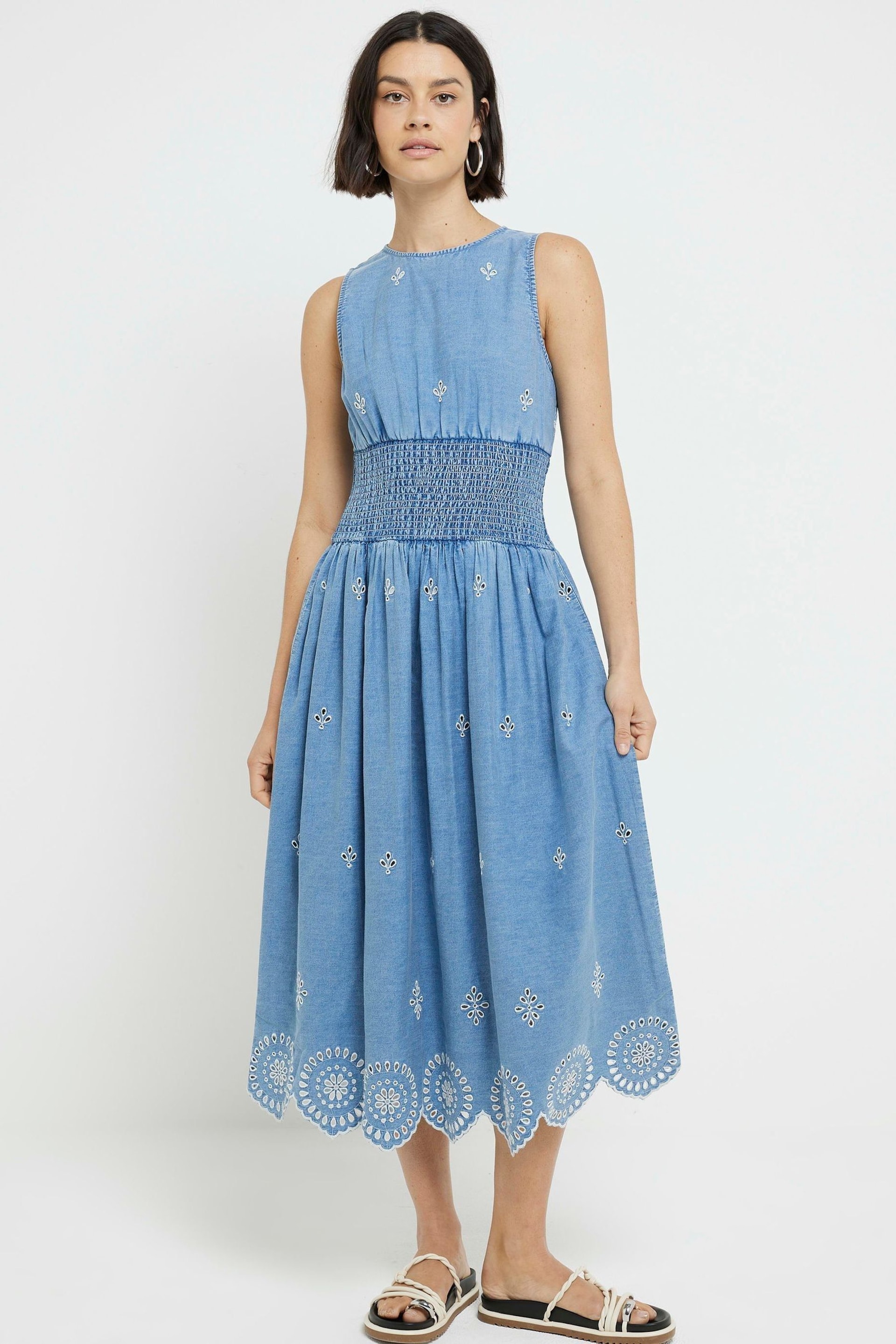 River Island Blue Waisted Denim Midi Dress - Image 1 of 4