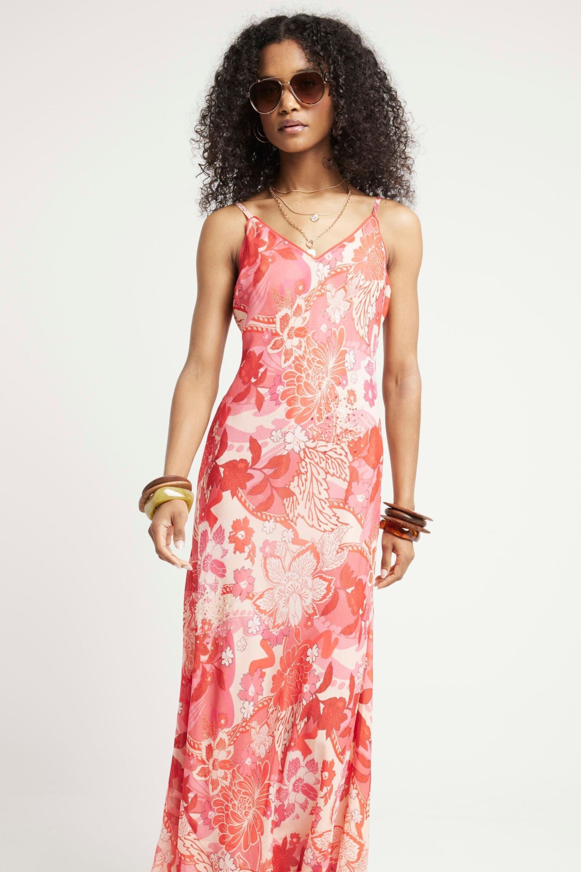 River Island Pink Embellished Leopard Print Slip Dress - Image 1 of 5