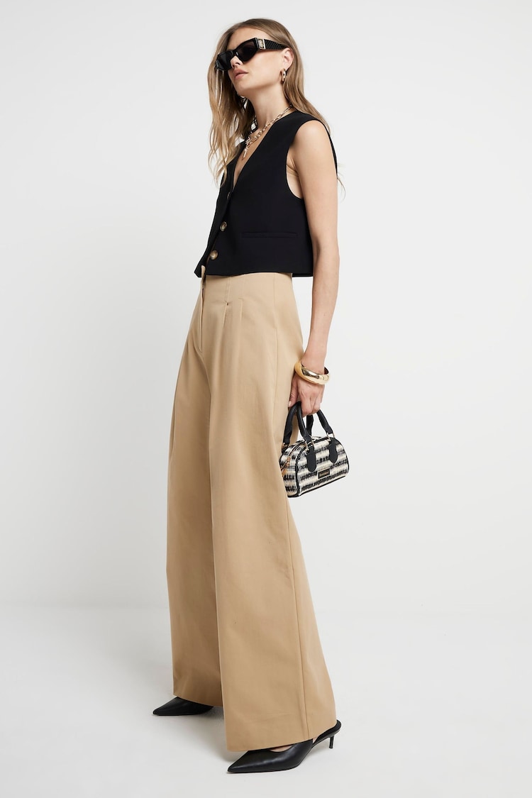 River Island Brown Wide Leg Pleated Linen Trousers - Image 3 of 3