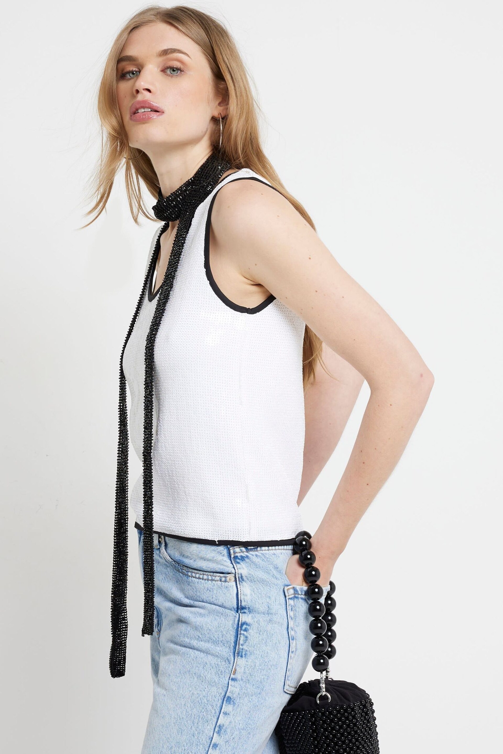 River Island White Sequin Tipped Tank Top - Image 1 of 4