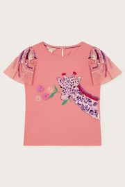 Monsoon Pink Giraffe Embellished 100% Cotton T-Shirt - Image 1 of 3