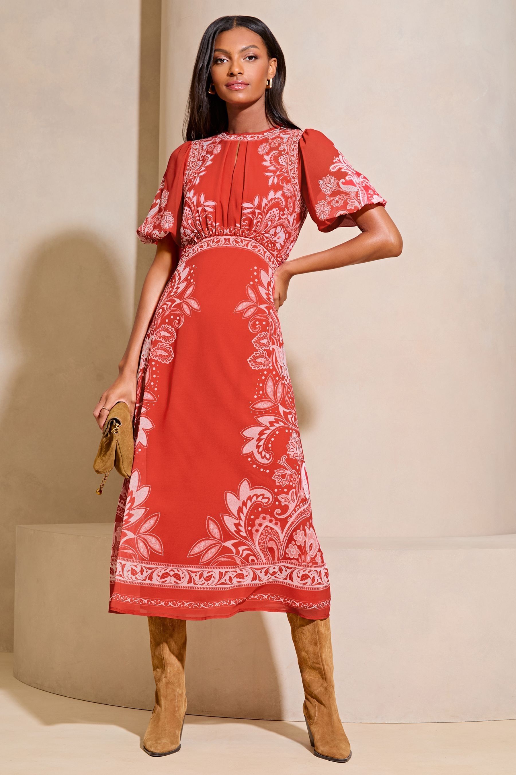 Buy Lipsy Red Flutter Sleeve Floral Chiffon Midaxi Dress from Next Luxembourg