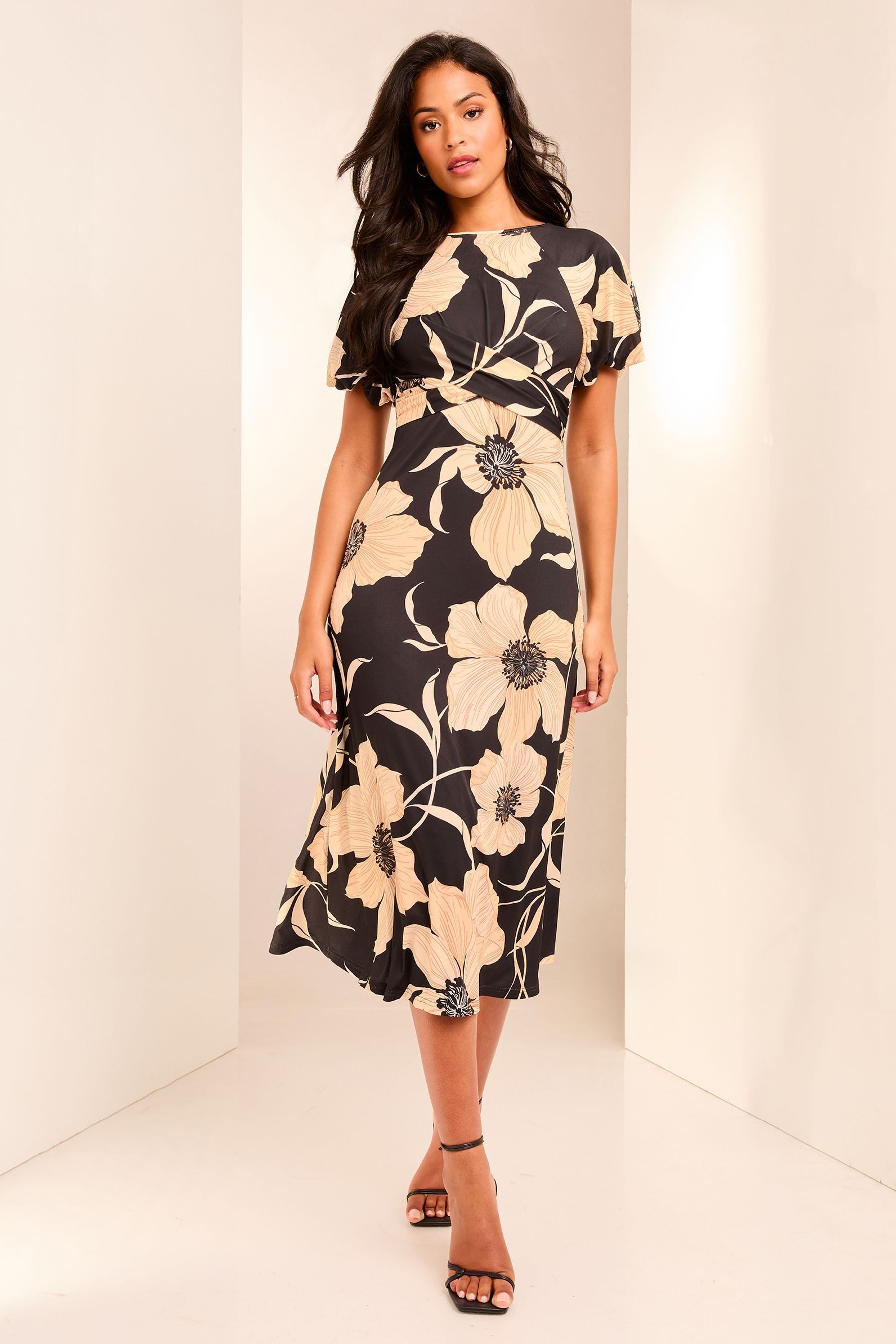 Lipsy Black White Floral Cross Front Underbust Jersey Midi Dress