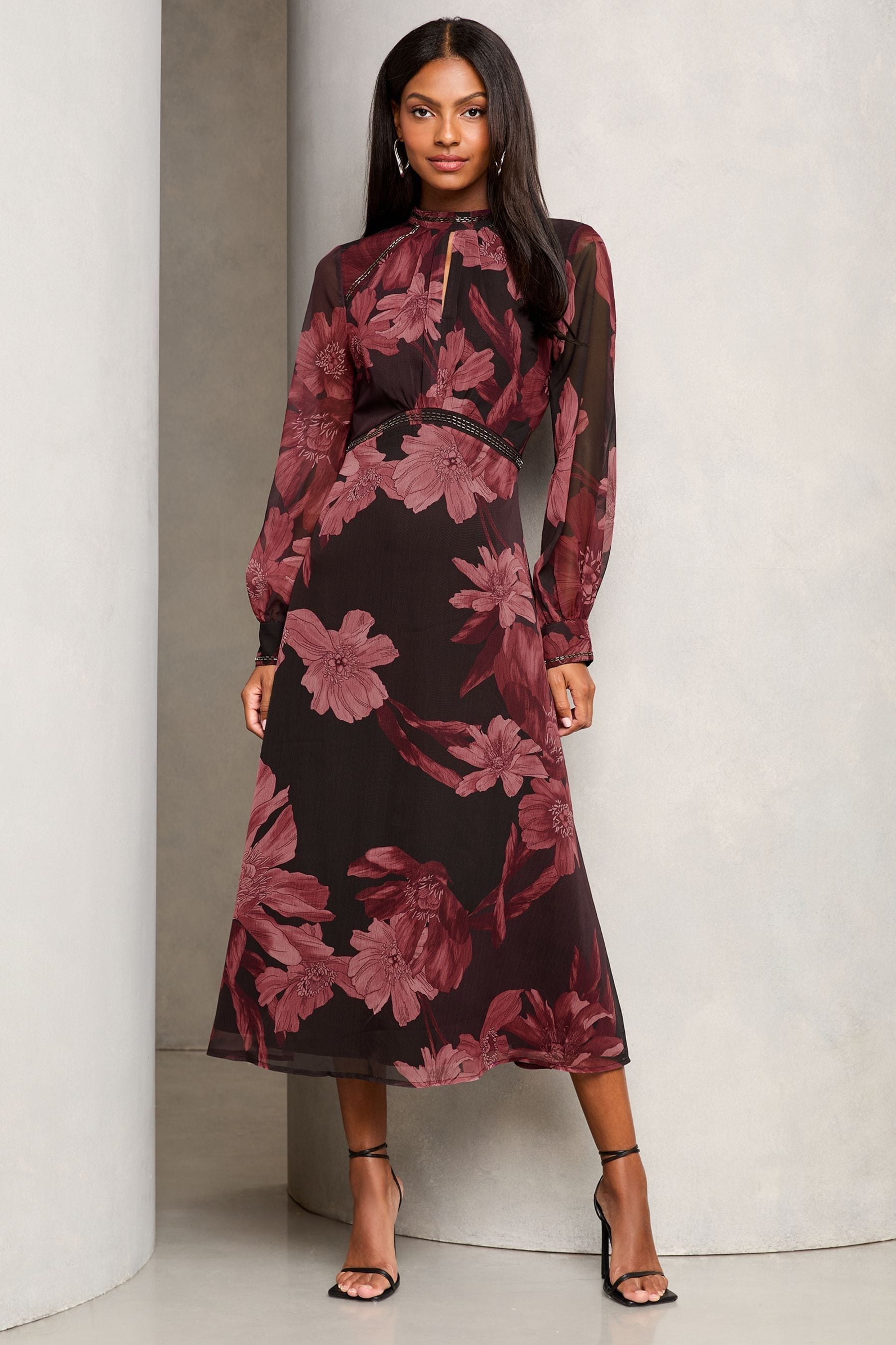 Buy Lipsy Red Printed Woven Long Sleeve Underbust Midi Dress from Next Malta