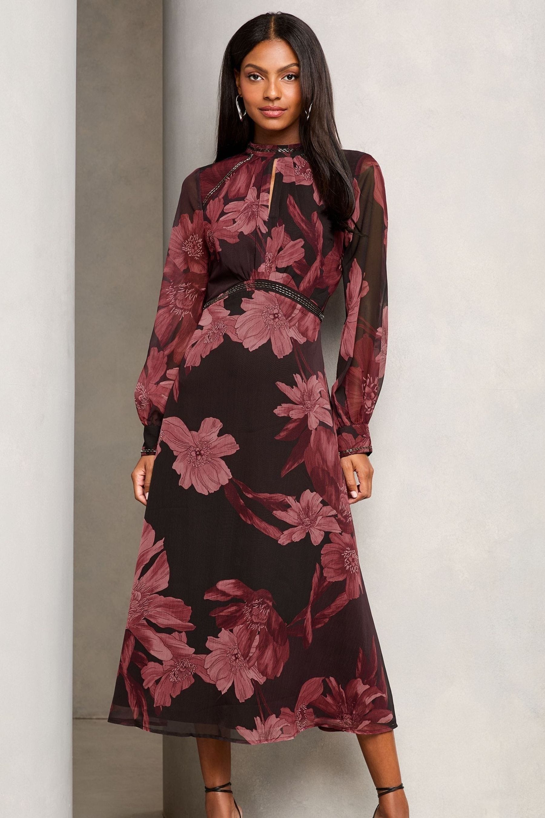 Lipsy Red Petite Printed Woven Long Sleeve Underbust Midi Dress