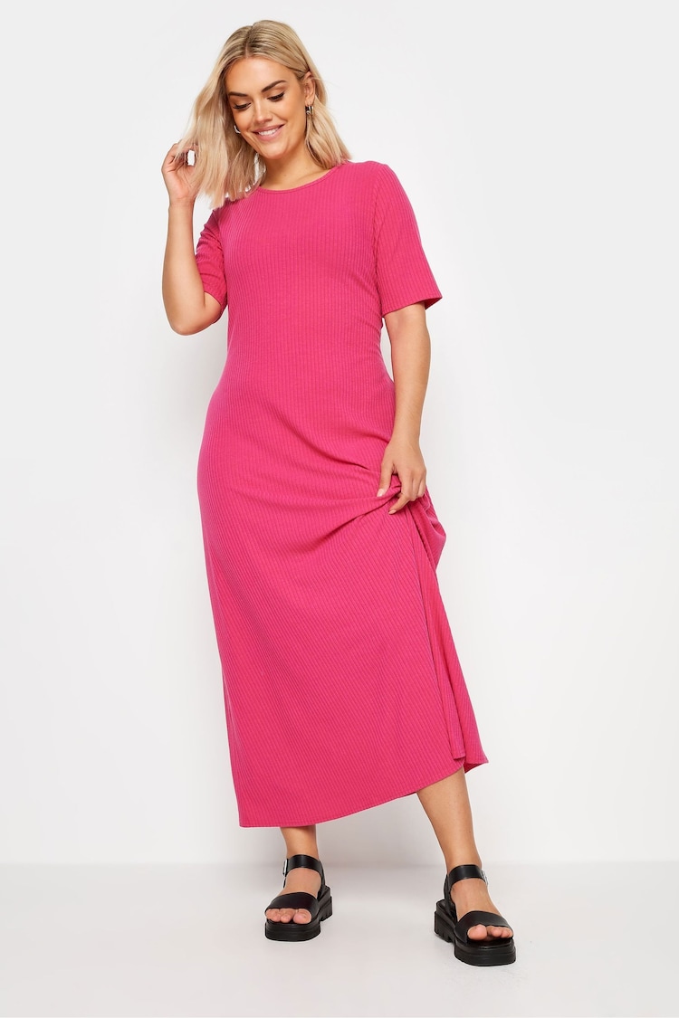 Yours Curve Pink Short Sleeve Ribbed Swing Maxi Dress - Image 2 of 4