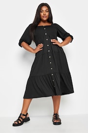 Yours Curve Black Button Front Tiered Midi Dress - Image 1 of 5