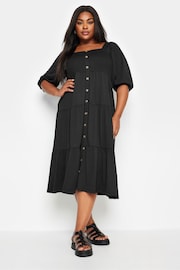 Yours Curve Black Button Front Tiered Midi Dress - Image 2 of 5
