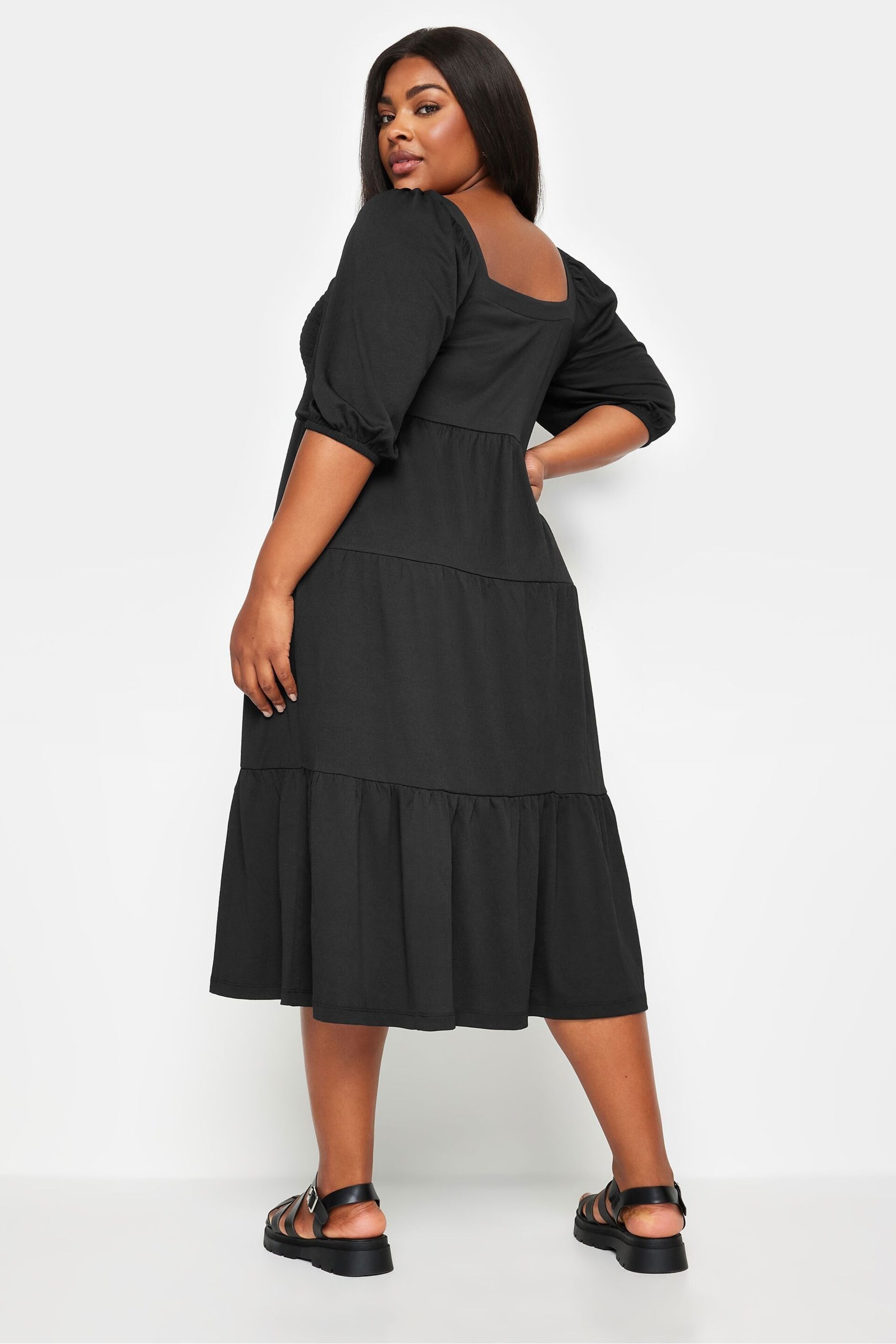 Yours Curve Black Button Front Tiered Midi Dress - Image 3 of 5