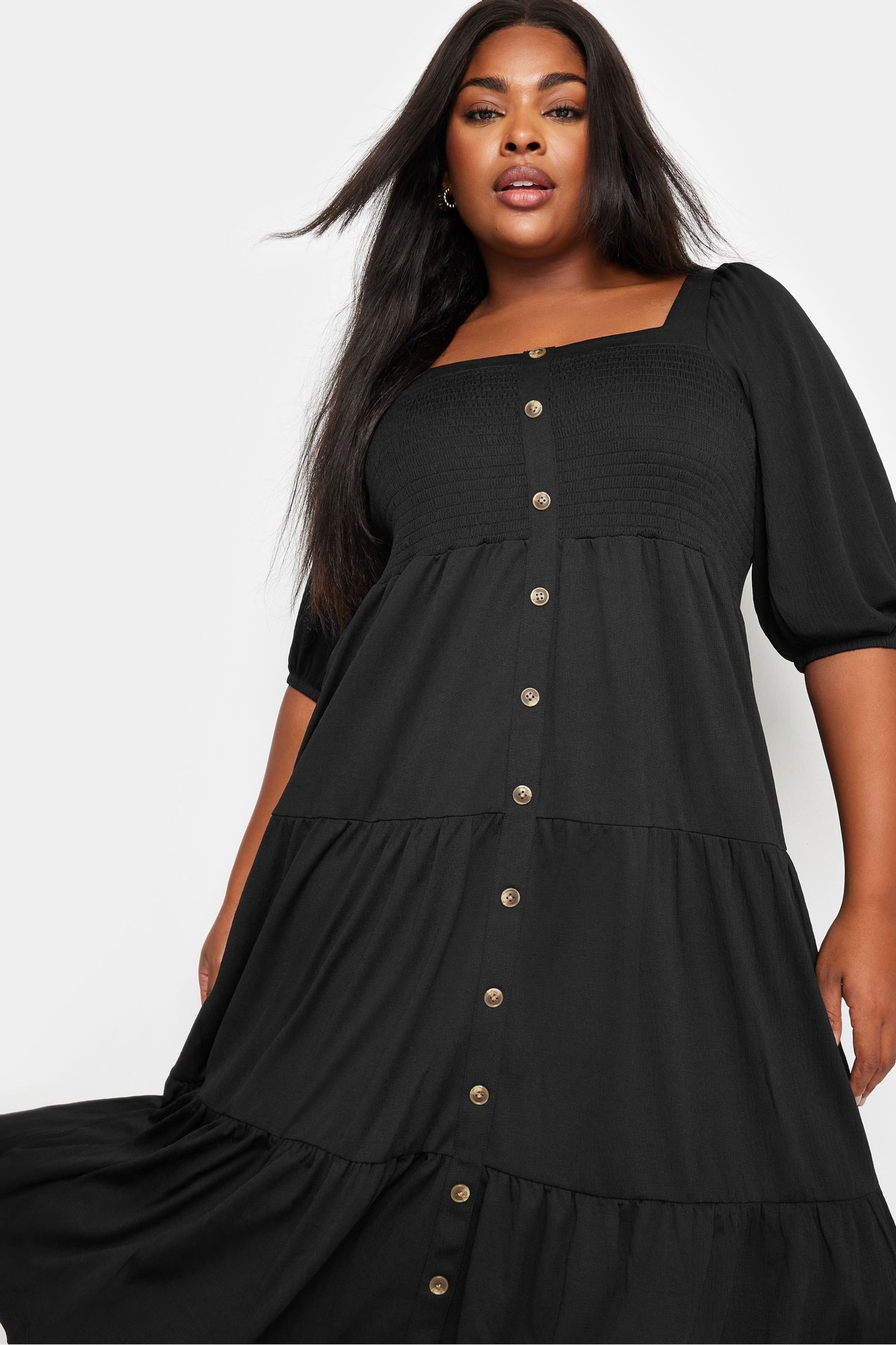 Yours Curve Black Button Front Tiered Midi Dress - Image 4 of 5