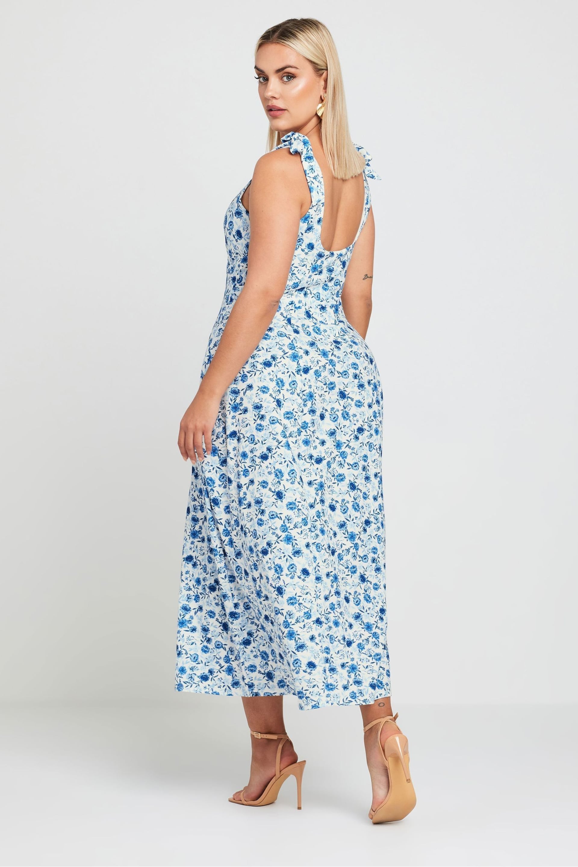 Yours Curve White LIMITED COLLECTION Curve Blue Floral Print Bow Strap Midaxi Dress - Image 3 of 6